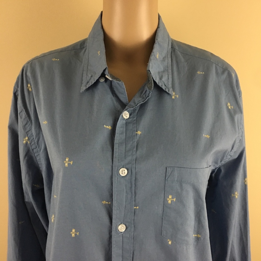 J Crew Large Button Down Blue Airplane Pilot Plane - image 2